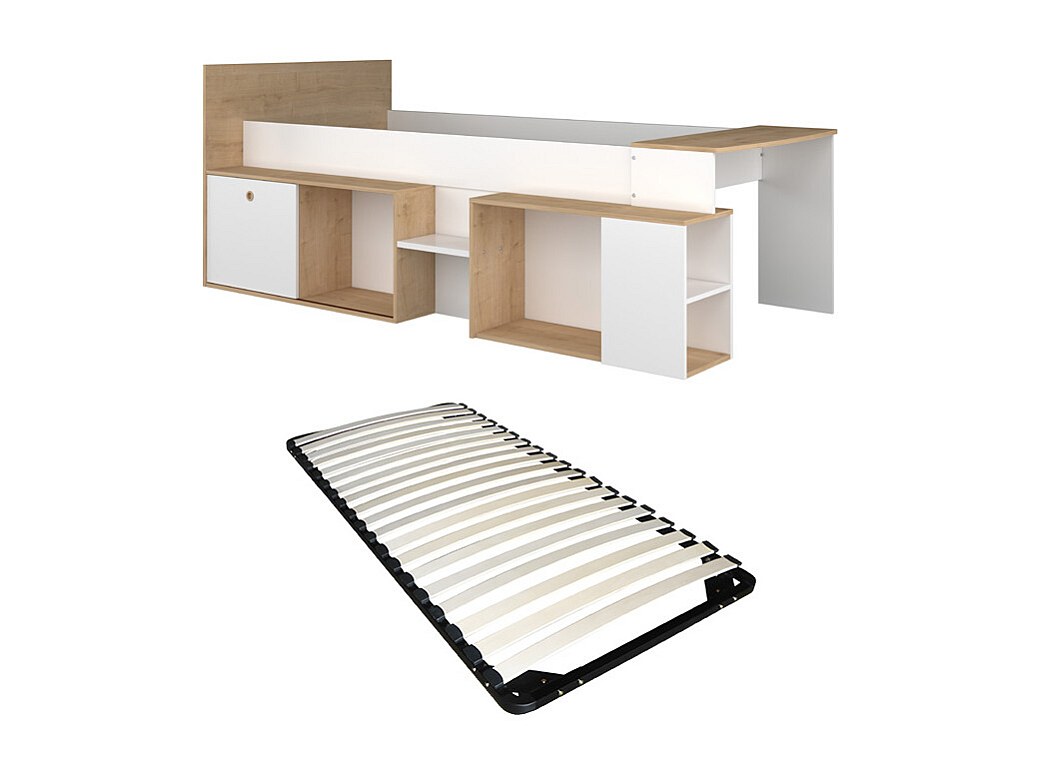 Kombibett 90 x 200 cm mit Schreibtisch & Stauraum + Lattenrost - Weiß & Hol günstig online kaufen