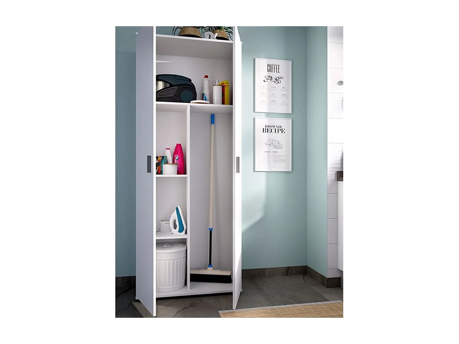 Armário de lavanderia branco FIT com 2 portas, 3 prateleiras e suporte adicional