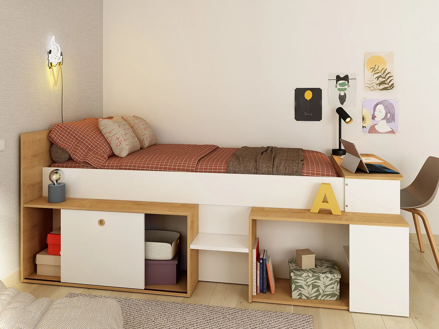 Hoogslaper 90 x 200 cm met bureau en opbergruimte - Wit en naturel + matras - PALOMA