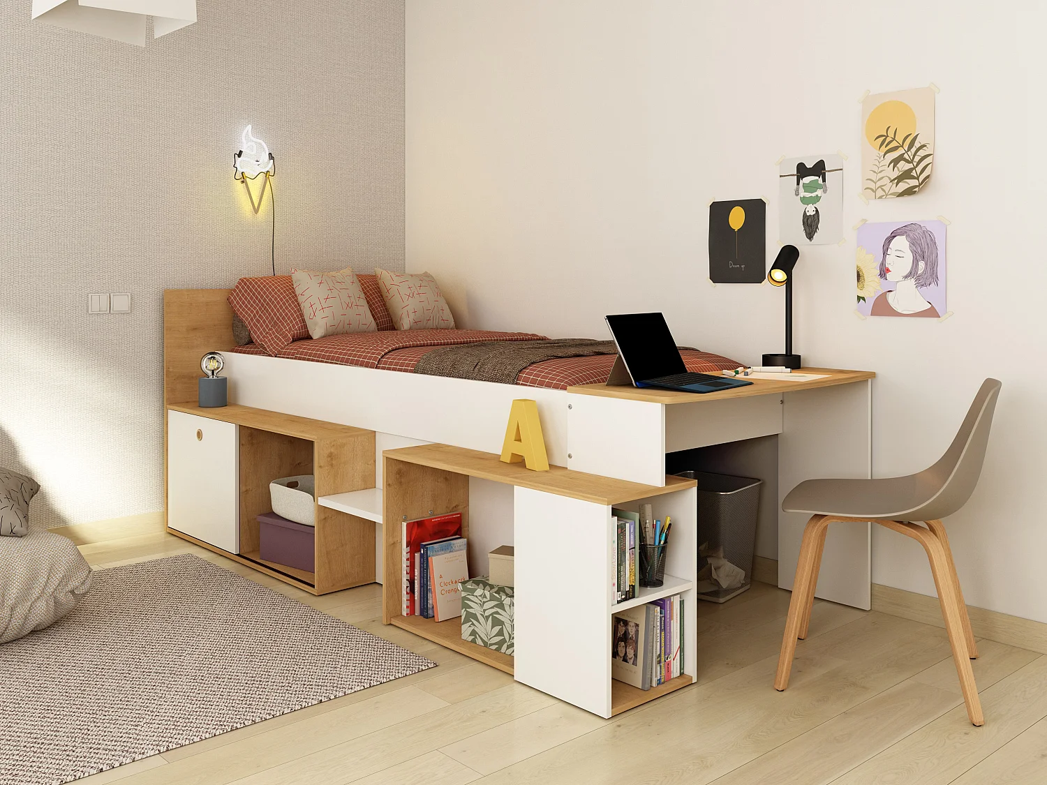 Lit combiné 90 x 200 cm avec bureau et rangements - Blanc et naturel + Sommier + Matelas - PALOMA