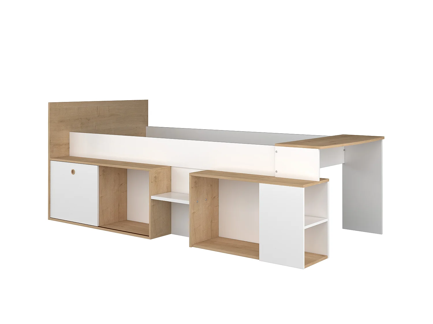 Cama combinada 90 x 200 cm con escritorio y almacenamiento - Blanco y natural + Somier + Colchón - PALOMA