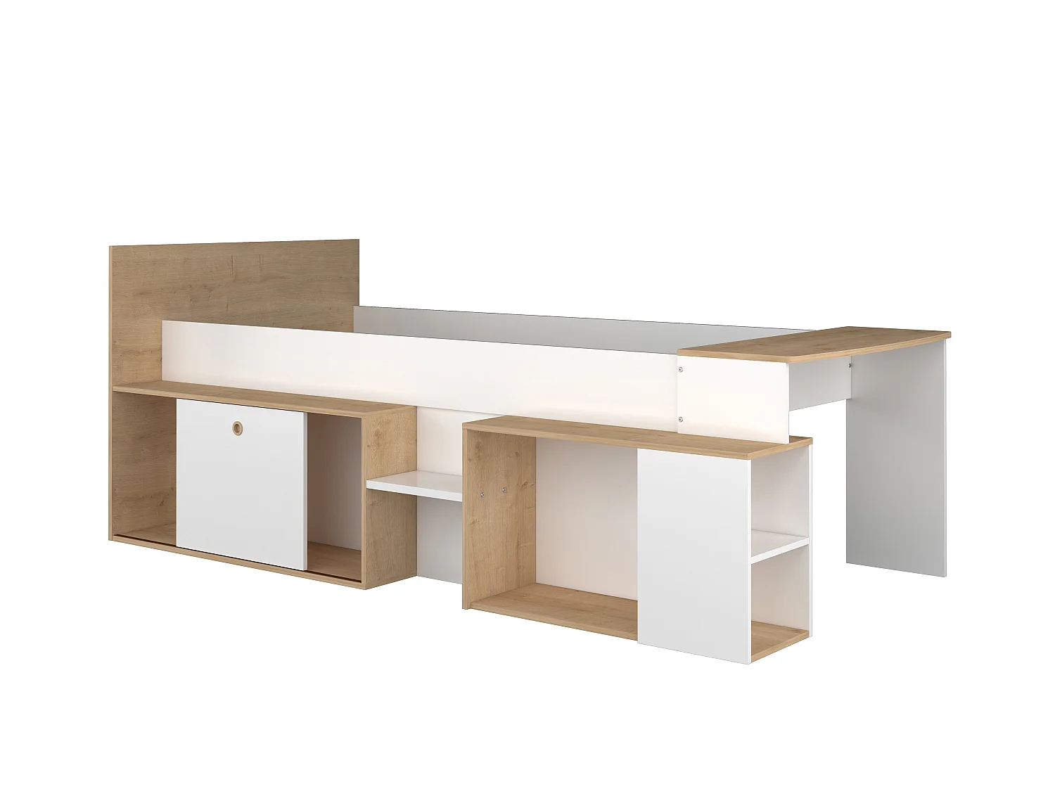 Cama combinada 90 x 200 cm con escritorio y almacenamiento - Blanco y natural + Somier + Colchón - PALOMA