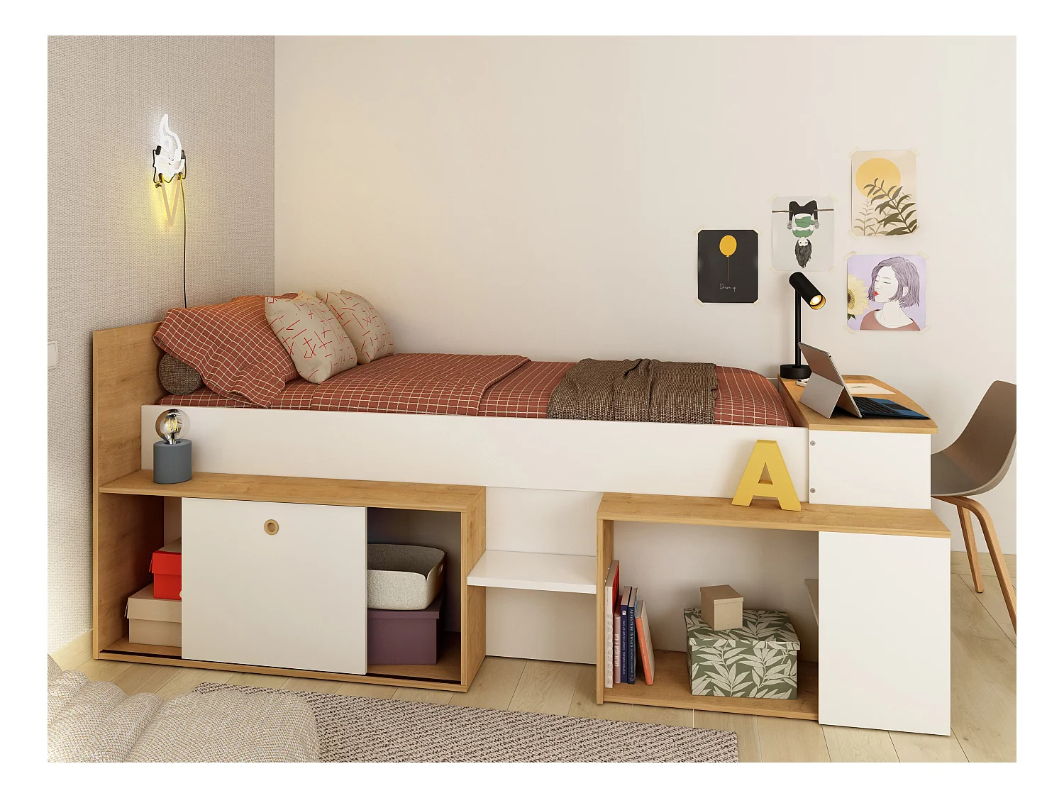 Cama combinada 90 x 200 cm con escritorio y almacenamiento - Blanco y natural + Somier + Colchón - PALOMA