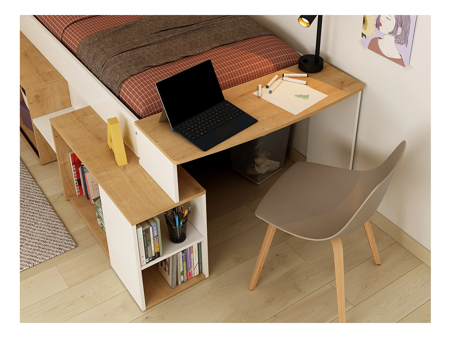 Cama combinada 90 x 200 cm con escritorio y almacenamiento - Blanco y natural + Somier + Colchón - PALOMA