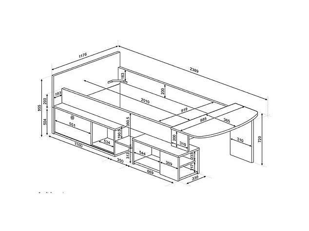Cama combinada 90 x 200 cm con escritorio y almacenamiento - Blanco y natural + Somier + Colchón - PALOMA