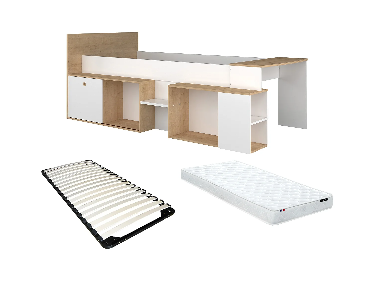 Cama combinada 90 x 200 cm con escritorio y almacenamiento - Blanco y natural + Somier + Colchón - PALOMA