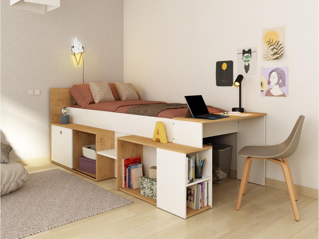Letto combinato 90 x 200 cm con scrivania e vani portaoggetti Bianco e Naturale + Rete + Materasso - PALOMA