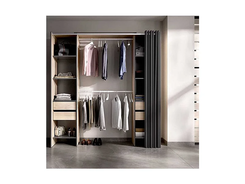 Armario vestidor Suit 8 compartimentos con 2 barras, cortina y 4 cajones natural/grafito 205x179x50 cm