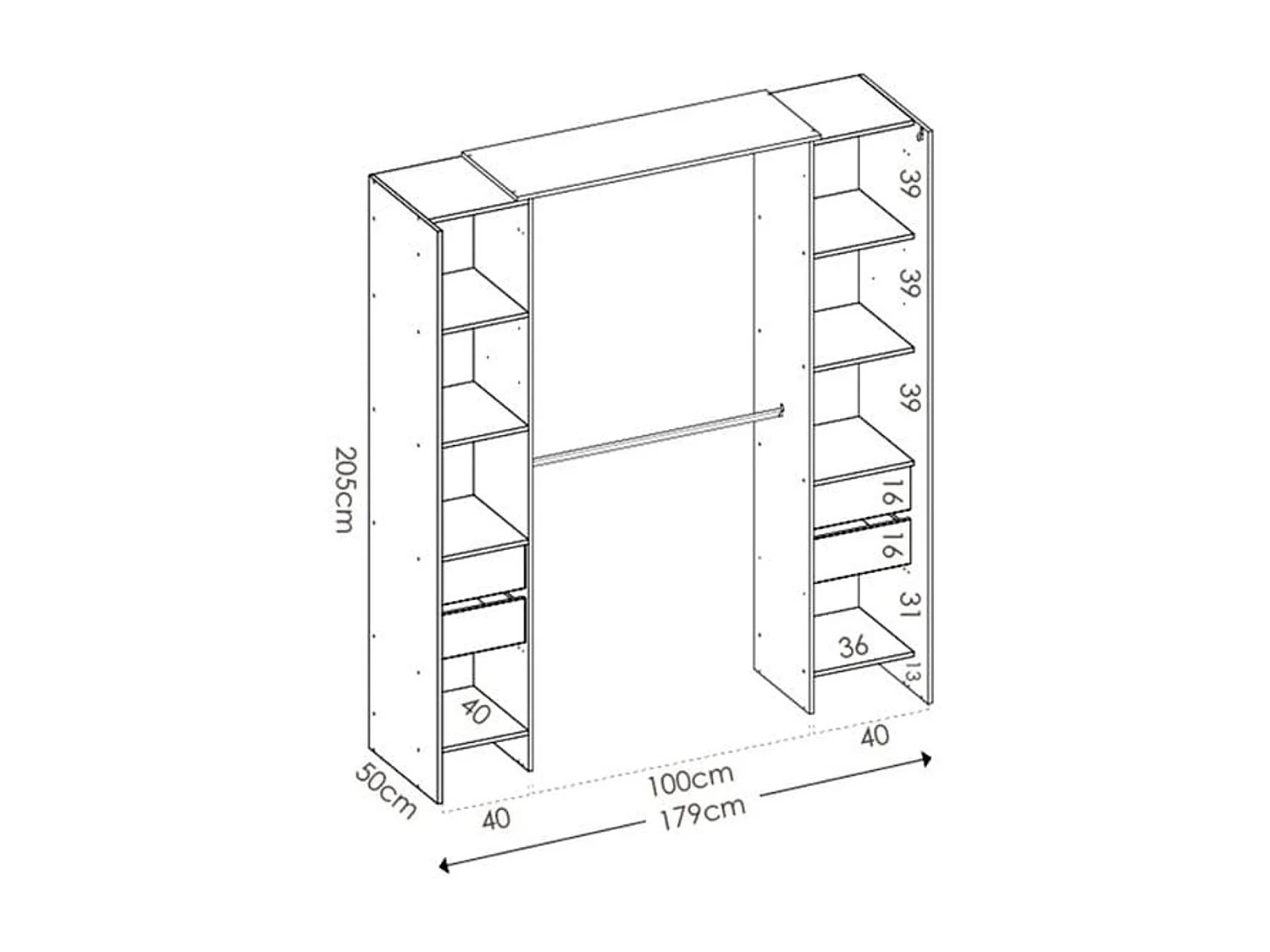 Armario vestidor Suit 8 compartimentos con 2 barras, cortina y 4 cajones natural/grafito 205x179x50 cm