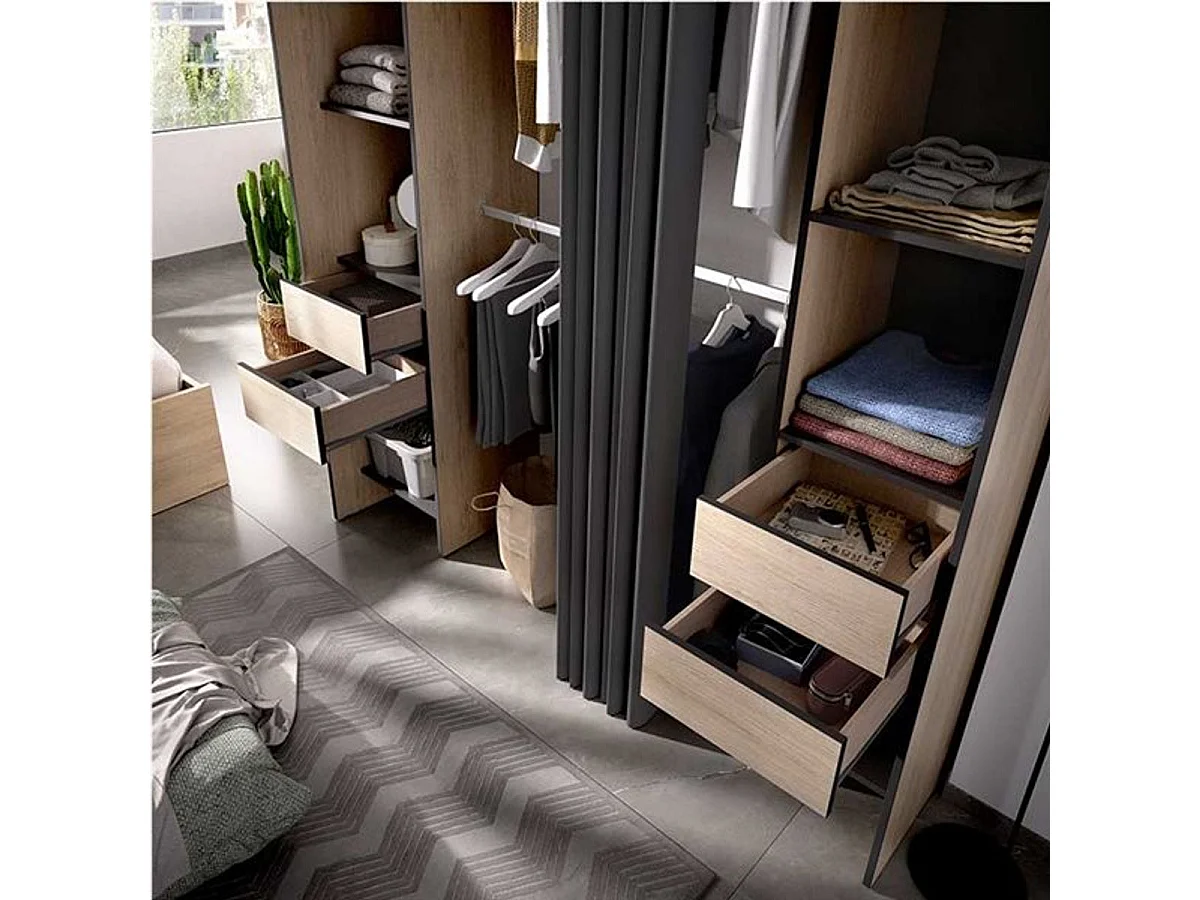 Armario vestidor Suit 8 compartimentos con 2 barras, cortina y 4 cajones natural/grafito 205x179x50 cm
