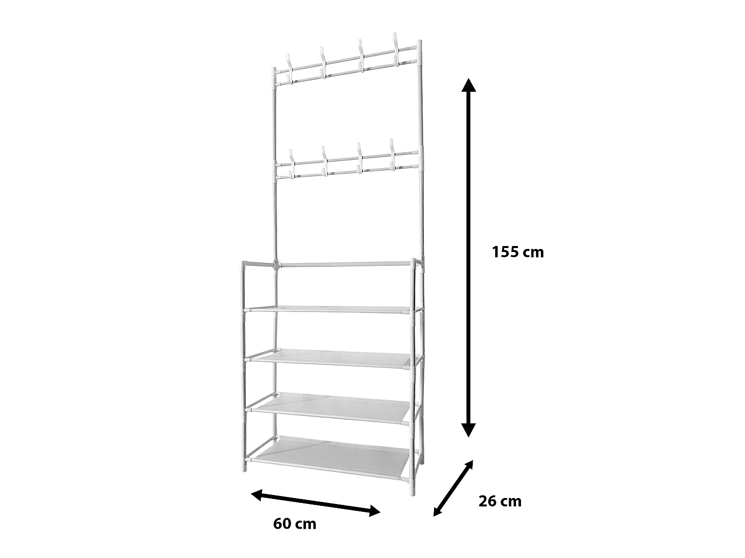 Appendiabiti da ingresso in metallo Nyana Home 155x60x28cm, 4 ripiani, 8 grucce Bianco