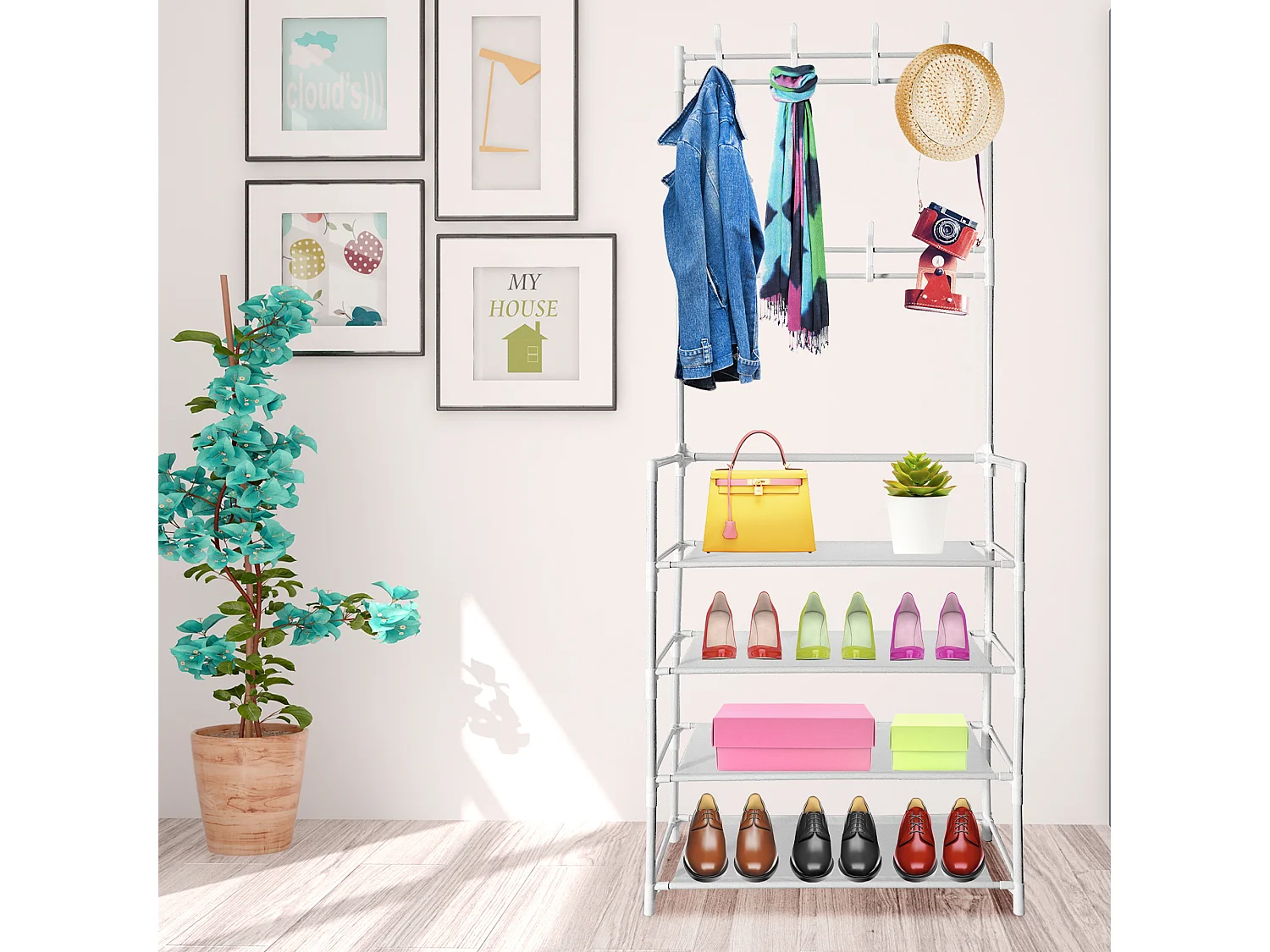 Appendiabiti da ingresso in metallo Nyana Home 155x60x28cm, 4 ripiani, 8 grucce Bianco
