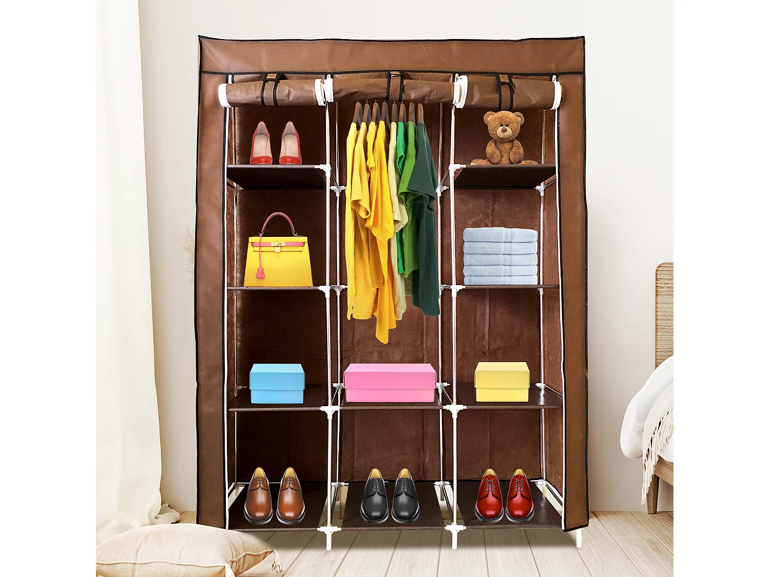 Armadio Vestiario In Tessuto Con Ante Con Cerniera Nyana Home Misure 170x130x45cm Marrone