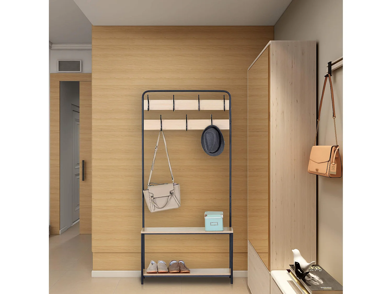 Cintre Meuble à Chaussures MDF Métal avec 2 Etagères 7 Crochets pour Entrées