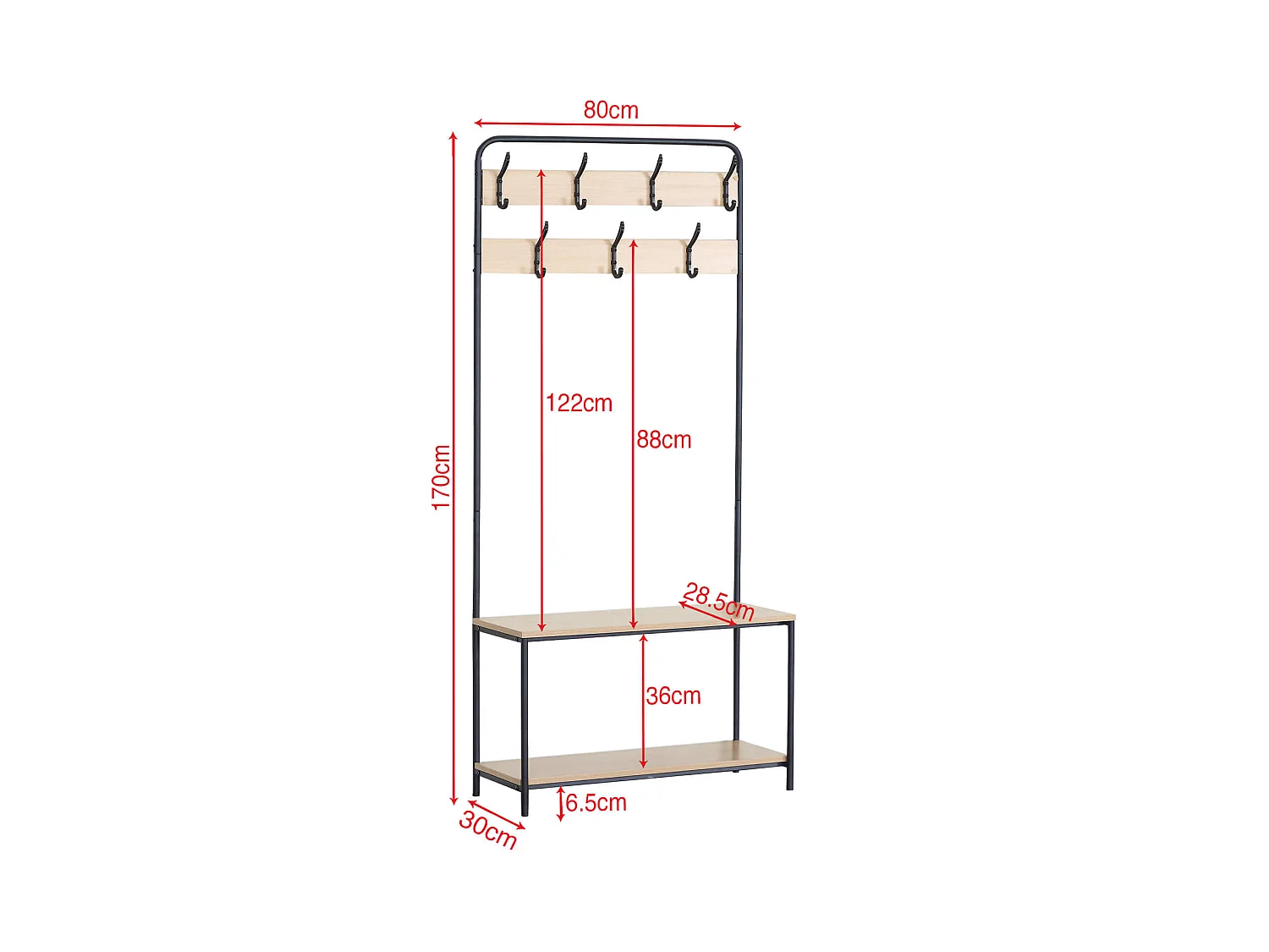 Cintre Meuble à Chaussures MDF Métal avec 2 Etagères 7 Crochets pour Entrées