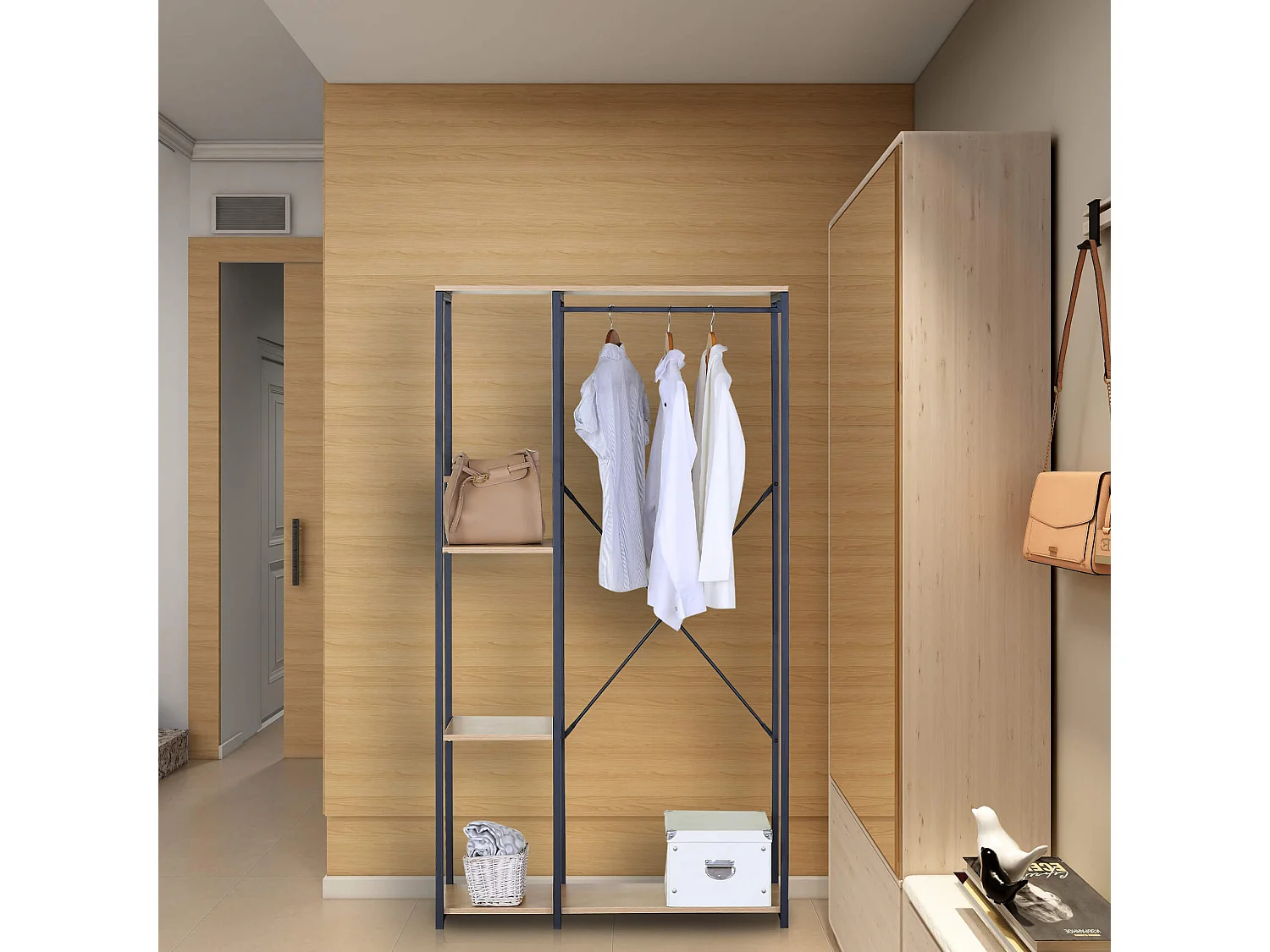 Armoire Ouverte Placard à 4 Compartiments Noir Beige Métal MDF