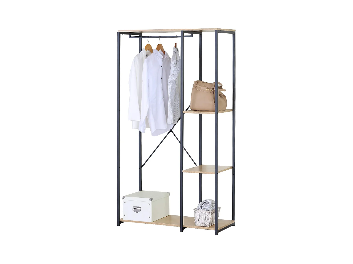 Armoire Ouverte Placard à 4 Compartiments Noir Beige Métal MDF