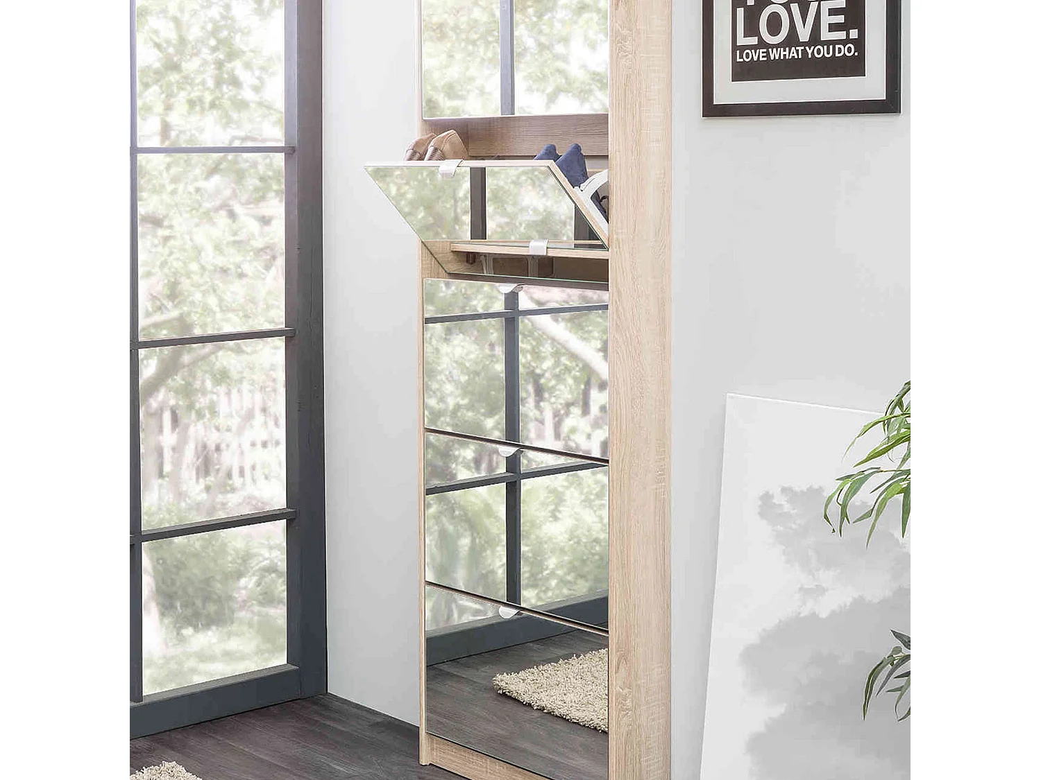 Meuble à chaussures miroir 5 tiroirs en bois imitation chêne - MC7040