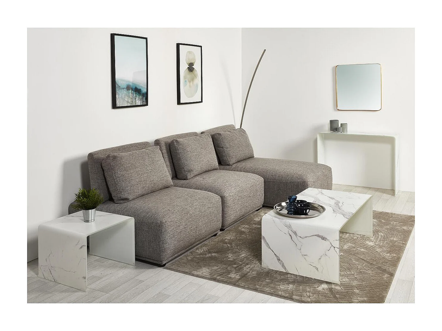 Salontafel van gehard glas Belar met wit marmereffect L 110 cm