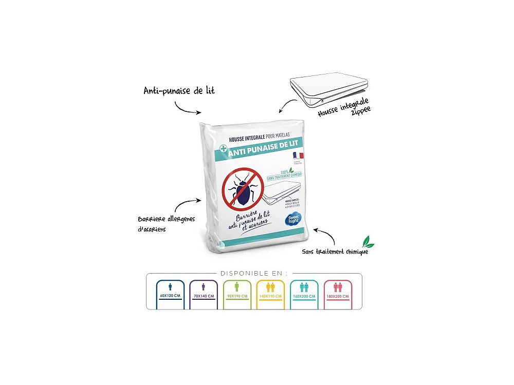 Housse de matelas Anti-acariens et Anti punaise de lit - 90 x 190/200 cm - Blanc