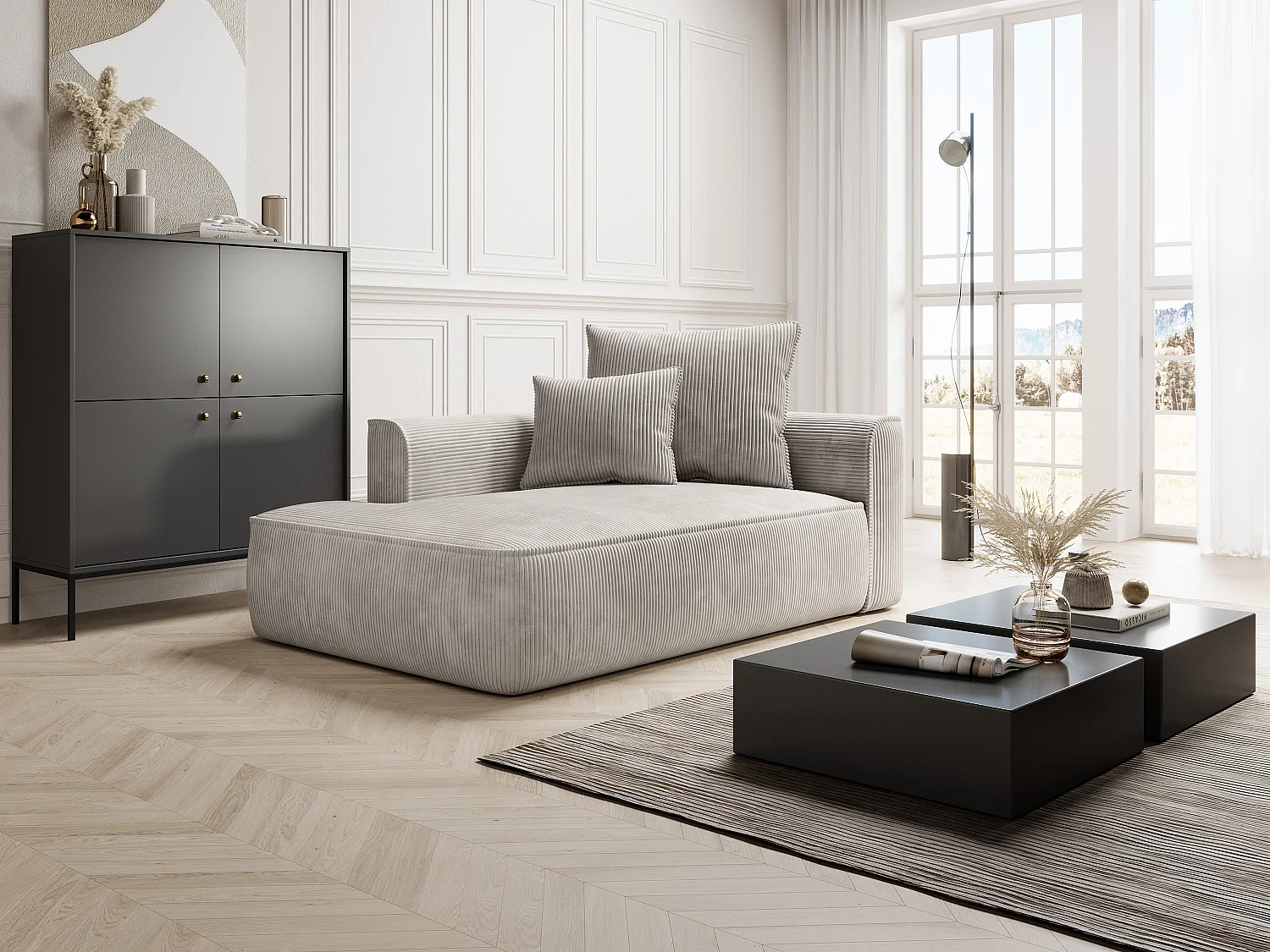 Méridienne gauche en velours côtelé beige PINETA