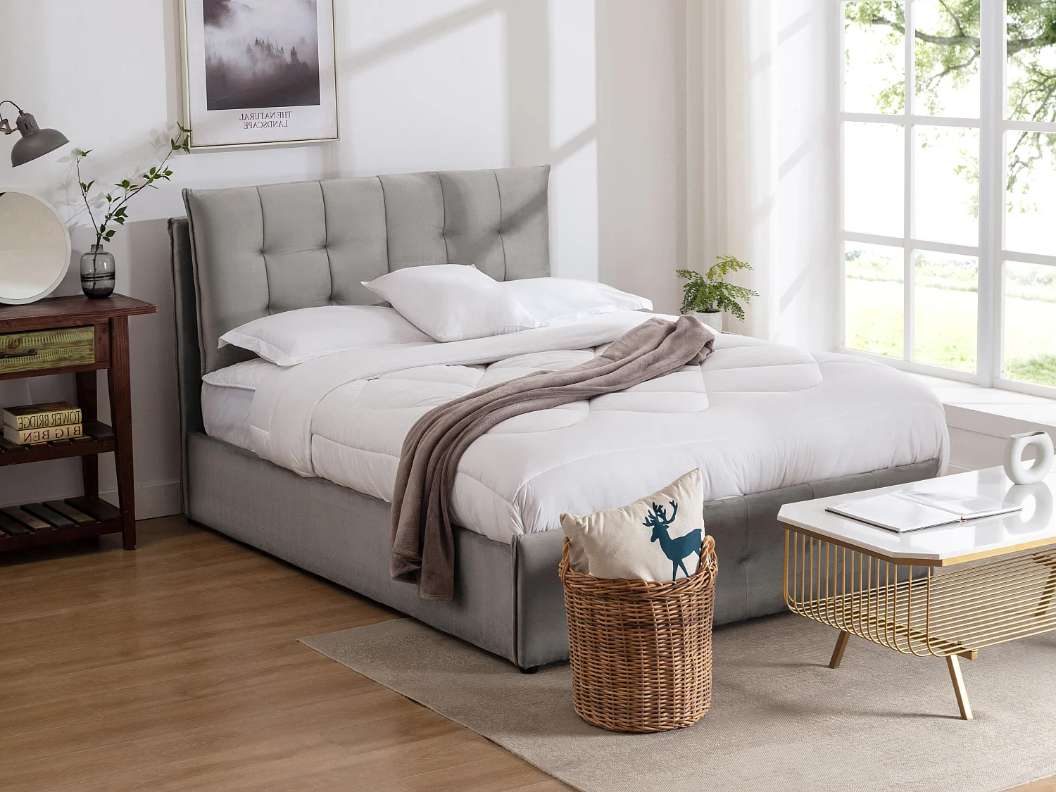 Lit coffre 160 x 200 cm - Velours - Gris clair + Matelas - OLERIA
