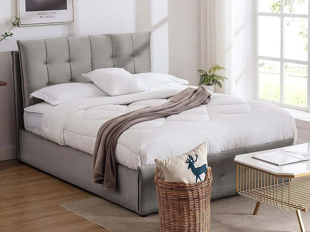 Lit coffre 160 x 200 cm - Velours - Gris clair + Matelas - OLERIA
