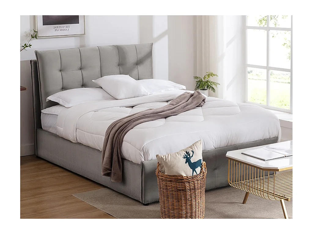Lit coffre 160 x 200 cm - Velours - Gris clair + Matelas - OLERIA