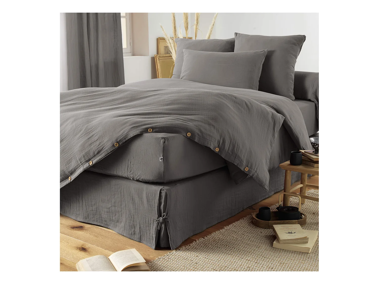 Housse de couette double gaze de coton gris anthracite 260x240 cm
