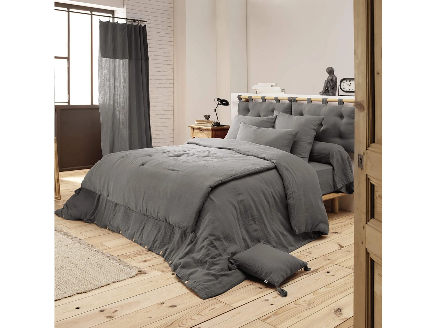 Housse de couette double gaze de coton gris anthracite 260x240 cm