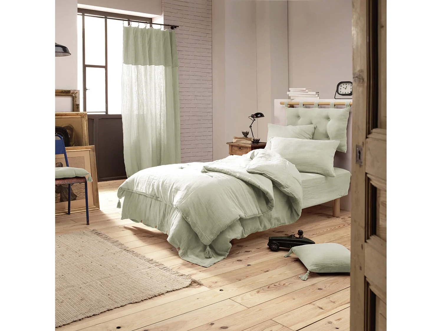 Housse de couette double gaze de coton vert d'eau 260x240 cm