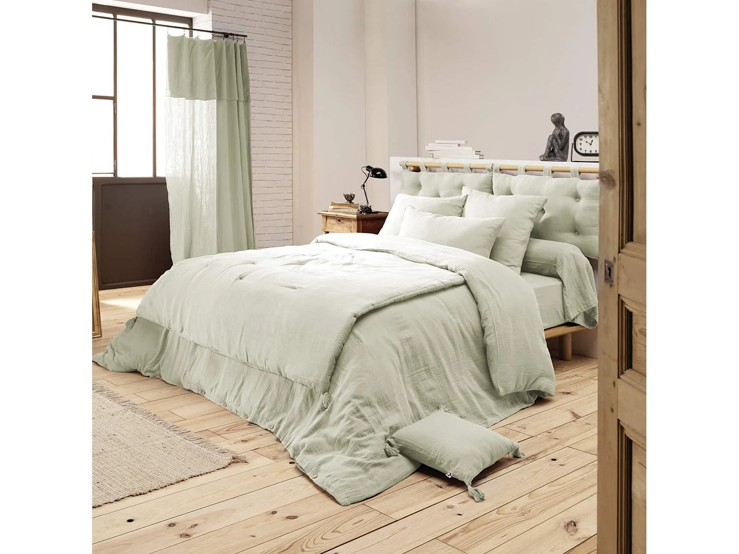 Housse de couette double gaze de coton vert d'eau 260x240 cm