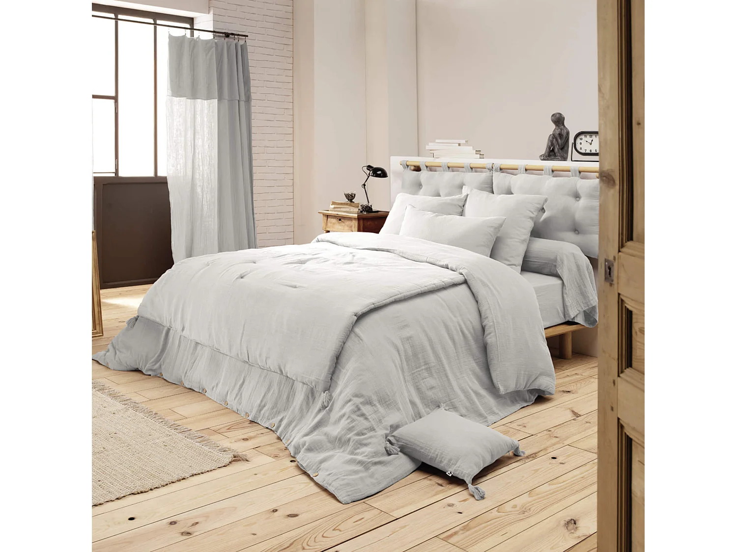 Housse de couette double gaze de coton gris 260x240 cm