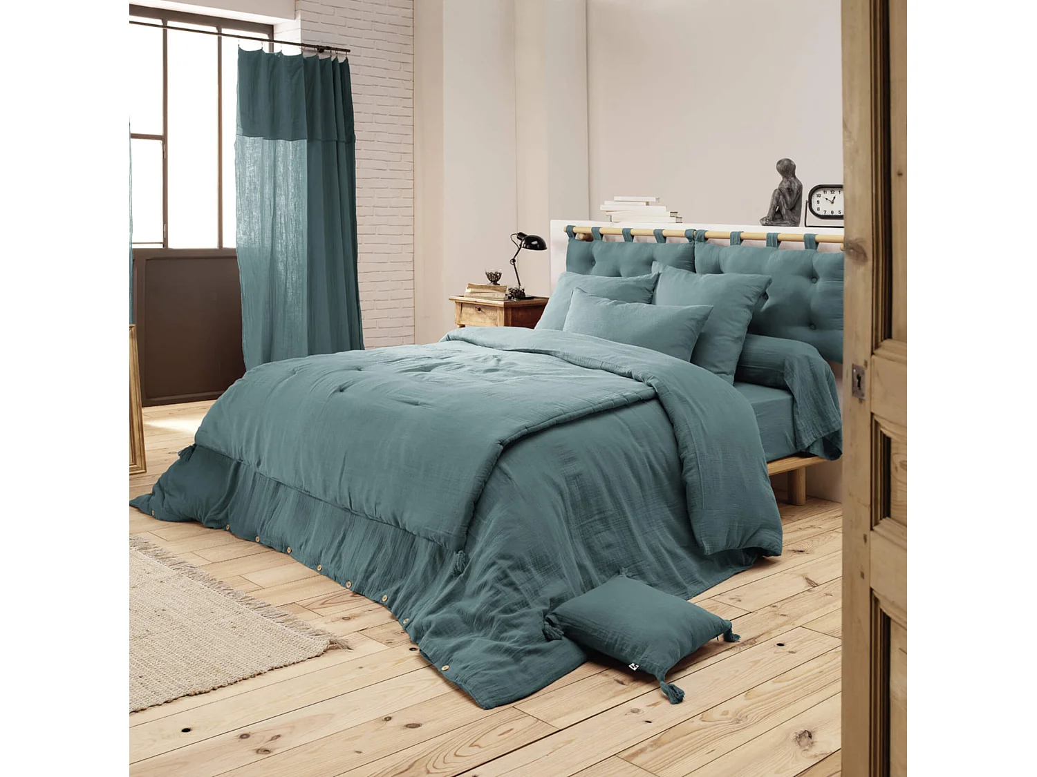 Housse de couette double gaze de coton bleu canard 260x240 cm