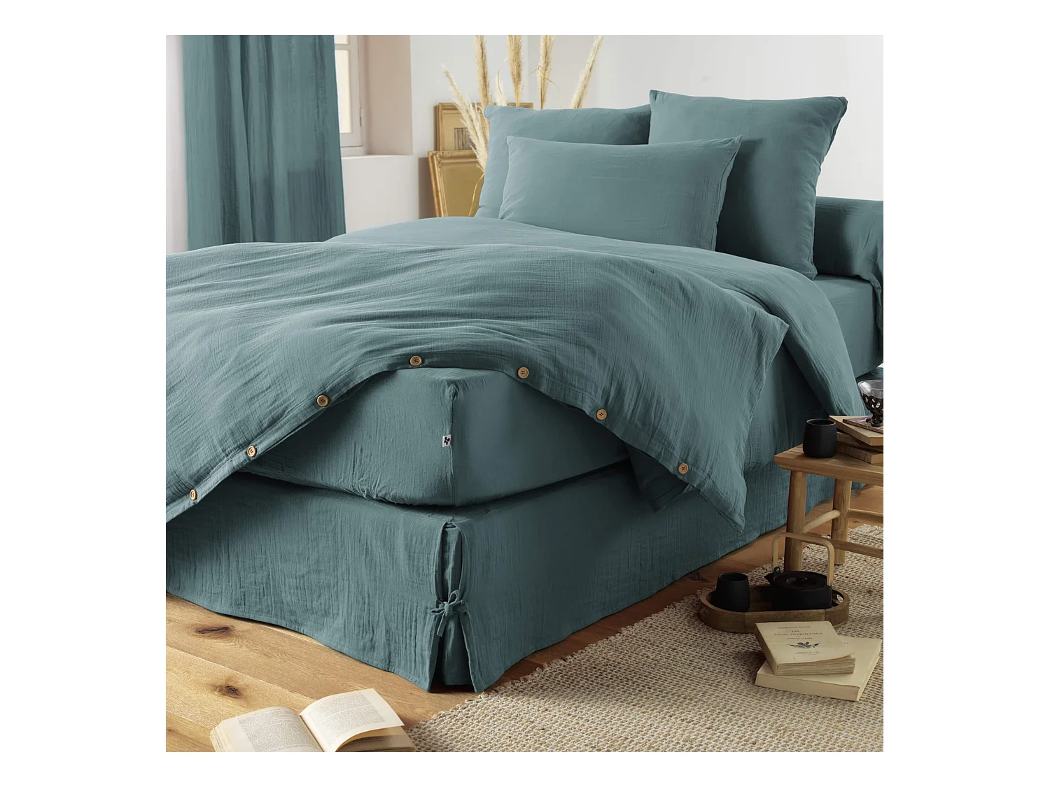 Housse de couette double gaze de coton bleu canard 260x240 cm