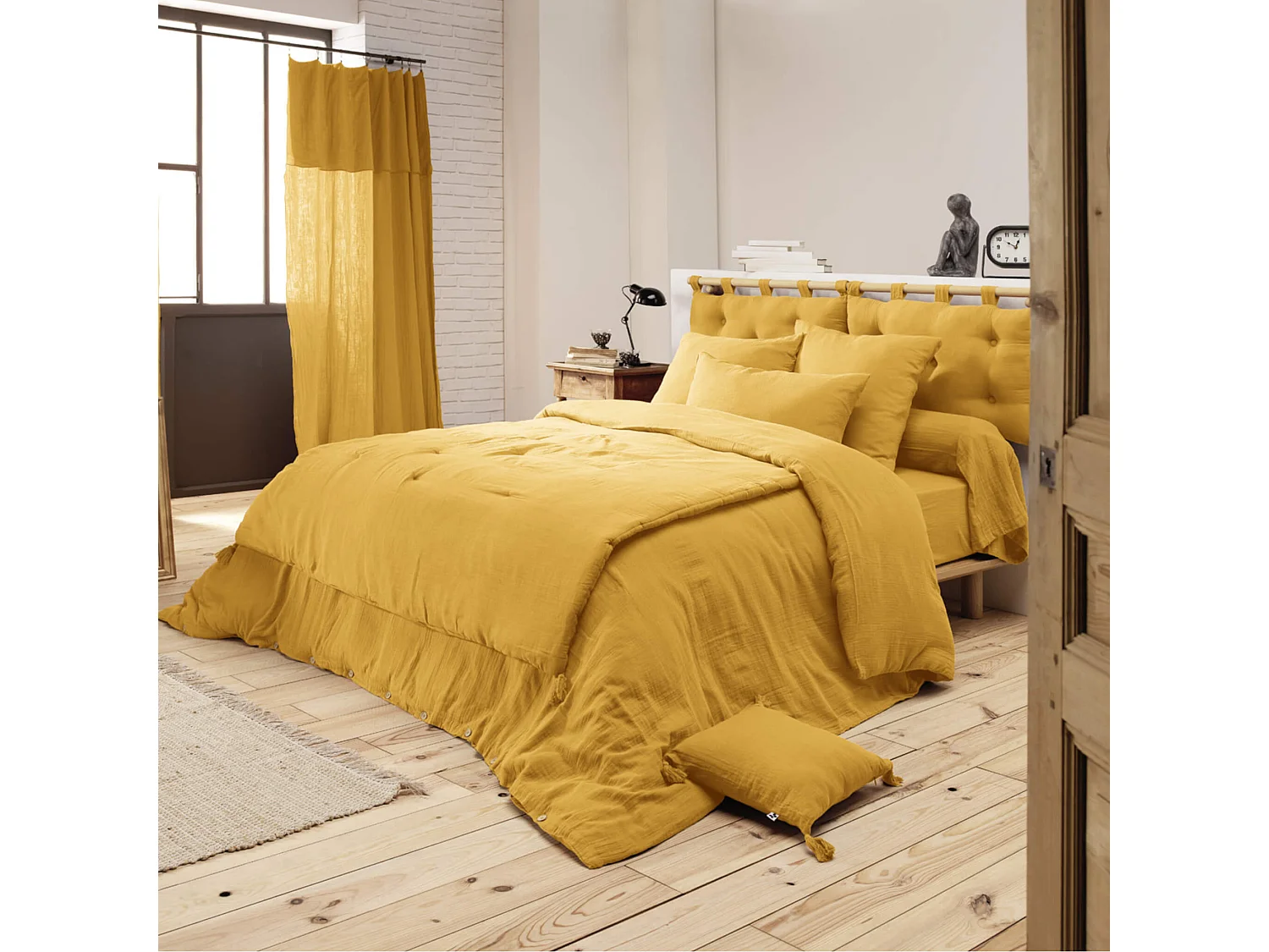 Housse de couette double gaze de coton jaune safran 260x240 cm