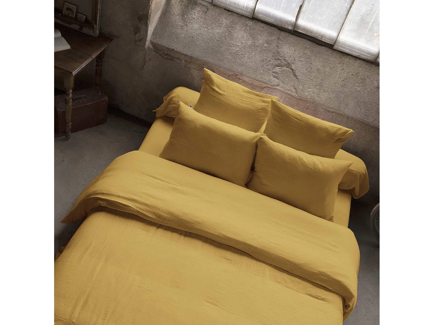 Housse de couette double gaze de coton jaune safran 260x240 cm