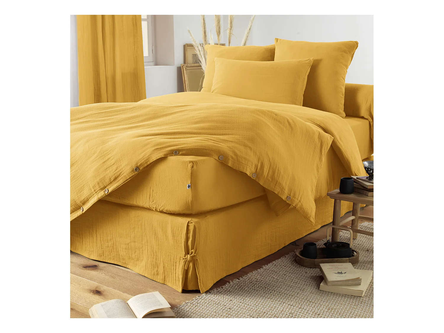 Housse de couette double gaze de coton jaune safran 260x240 cm