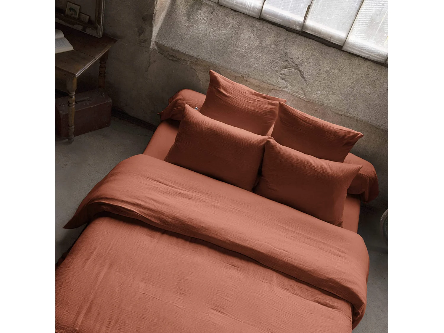 Housse de couette double gaze de coton orange terracotta 200x200 cm
