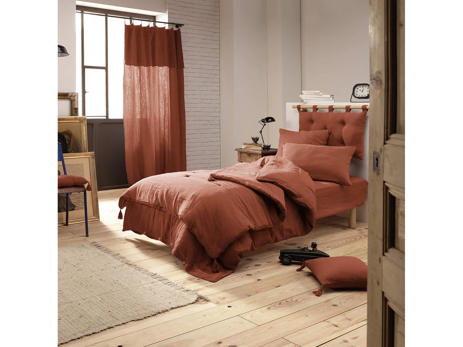 Housse de couette double gaze de coton orange terracotta 200x200 cm
