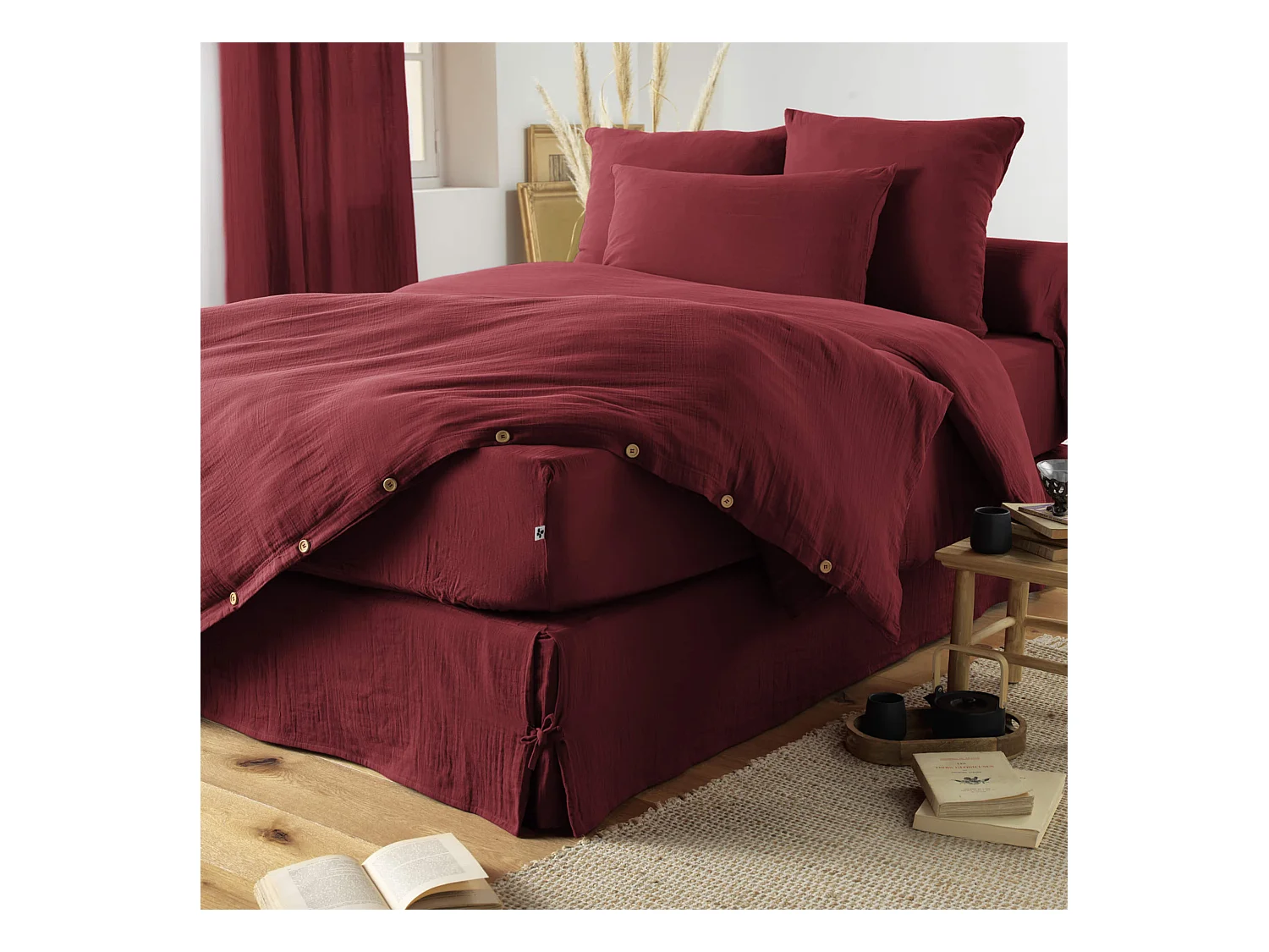 Housse de couette double gaze de coton bordeaux 140x200 cm