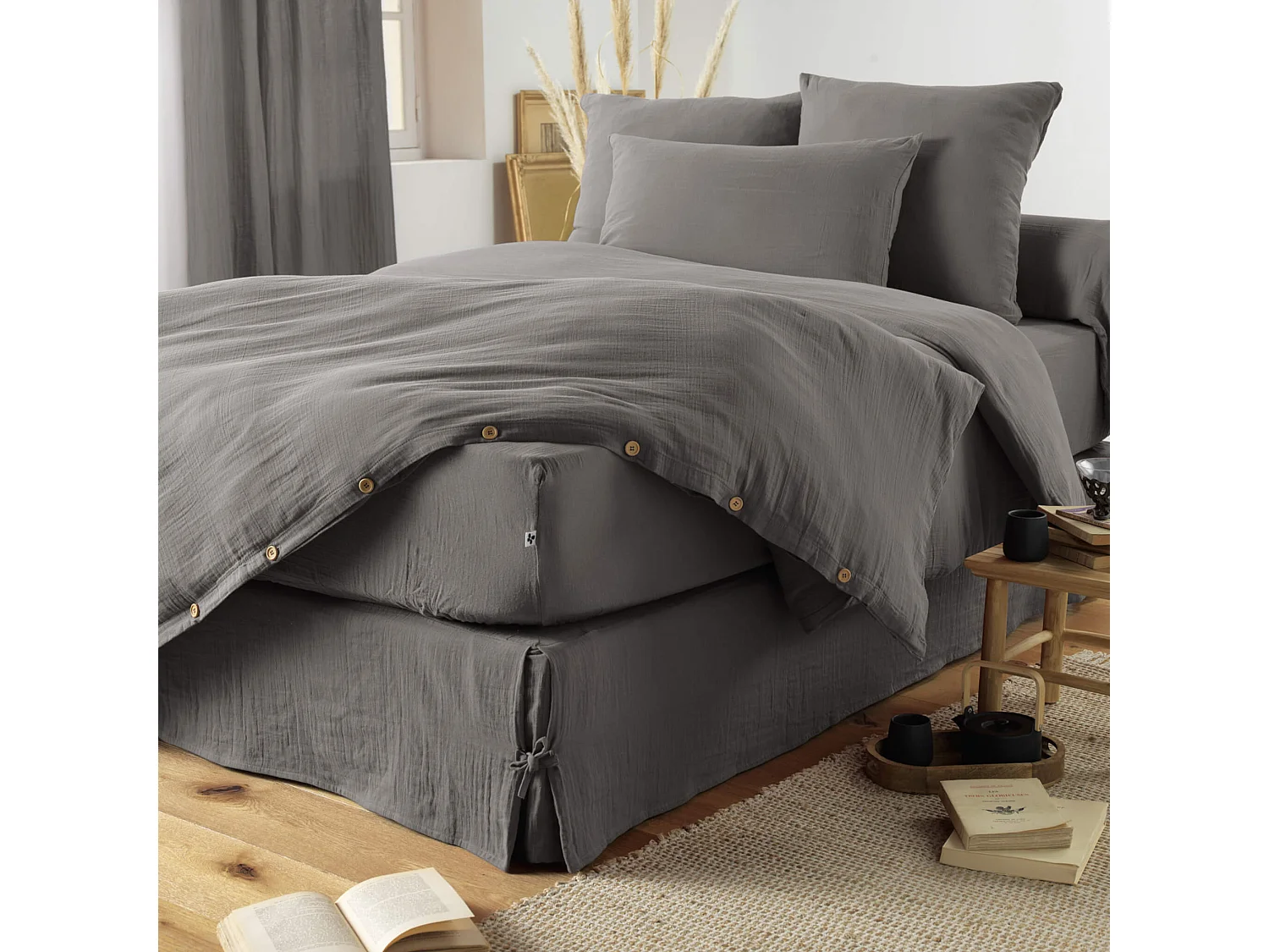 Housse de couette double gaze de coton gris anthracite 200x200 cm