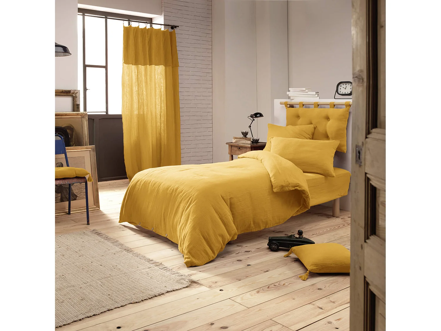 Housse de couette double gaze de coton jaune safran 200x200 cm