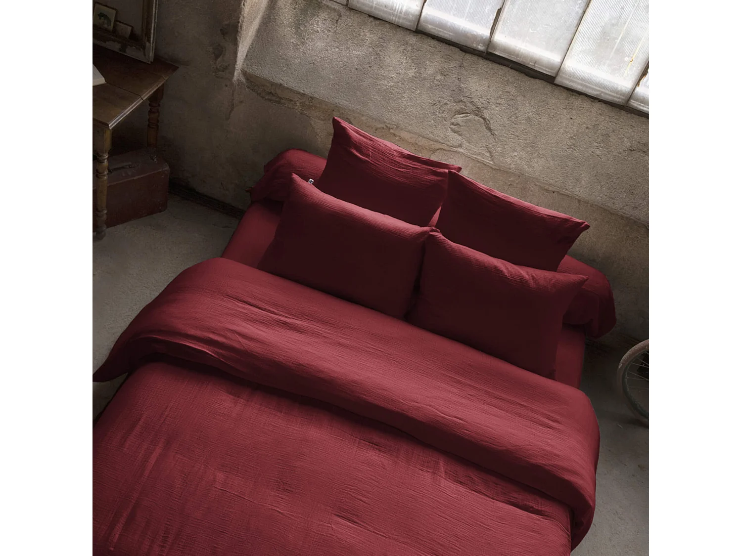 Housse de couette double gaze de coton bordeaux 240x220 cm