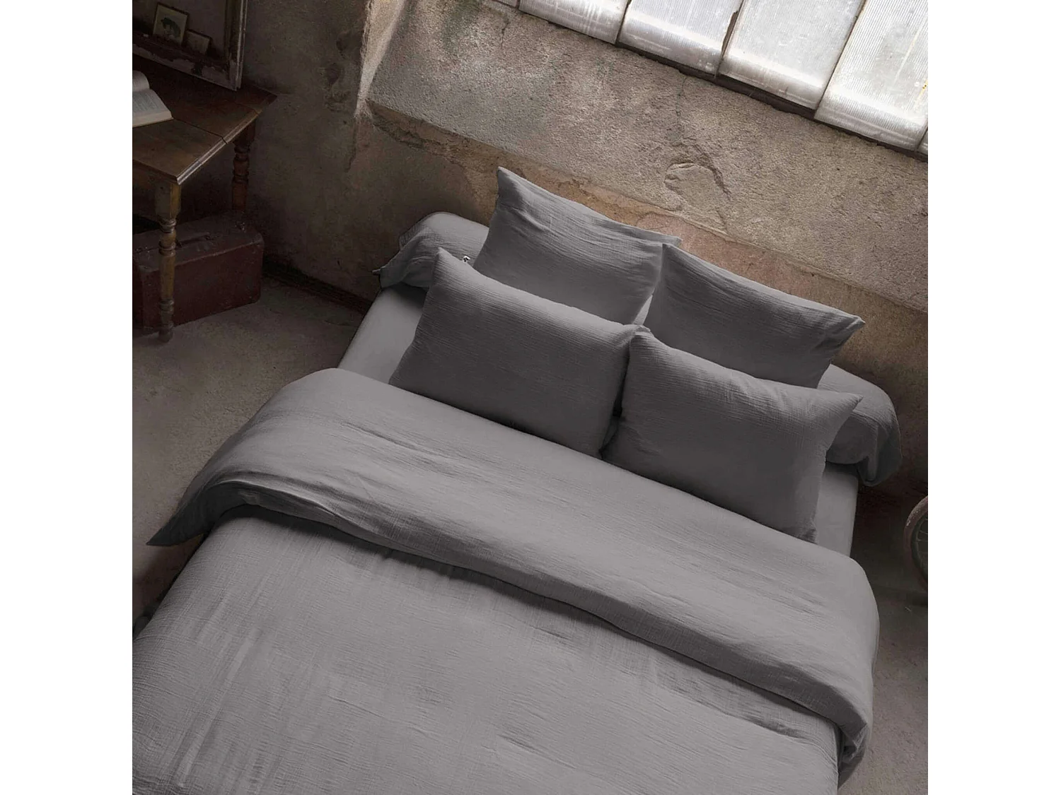Housse de couette double gaze de coton gris anthracite 240x220 cm