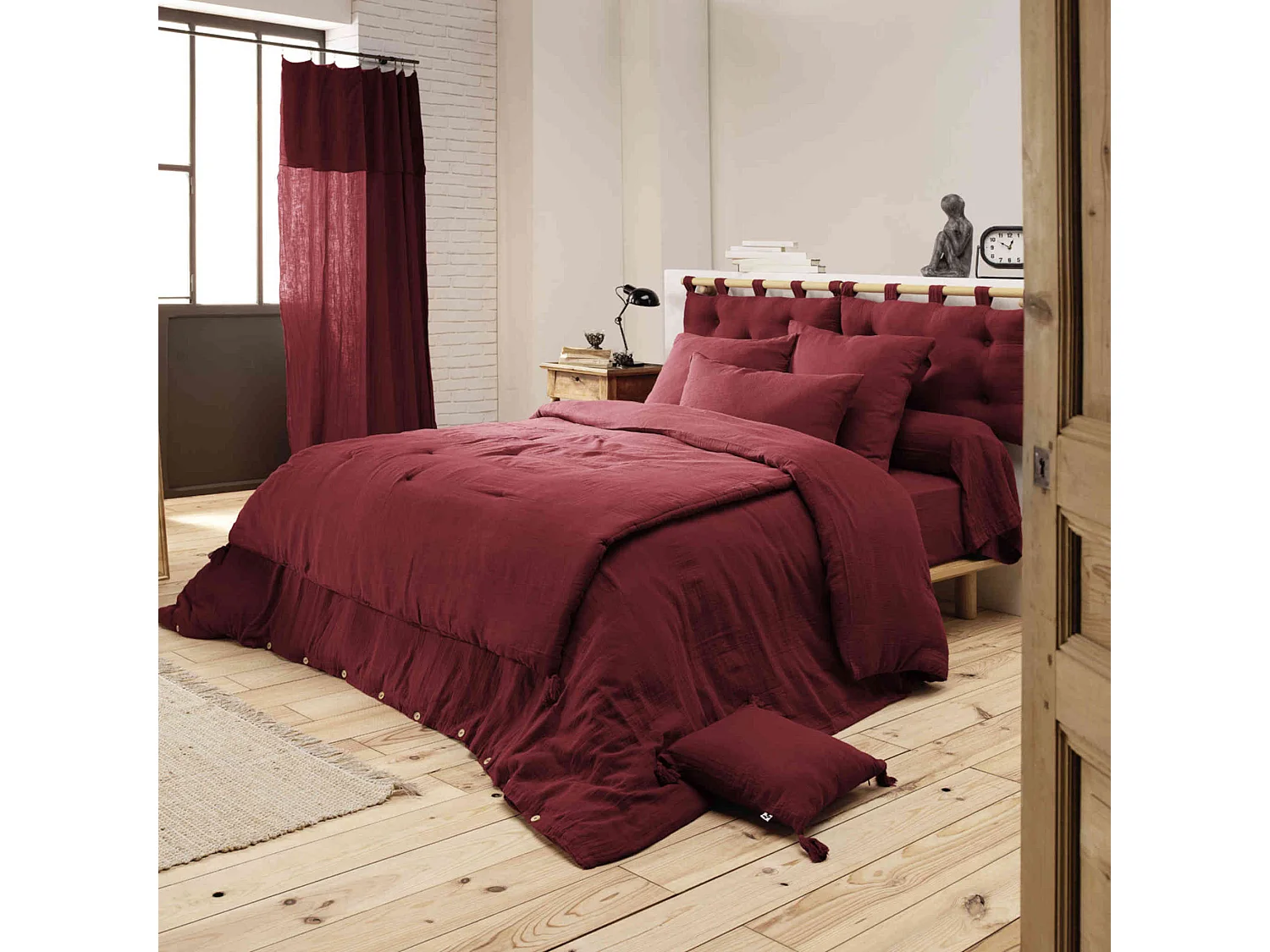 Housse de couette double gaze de coton bordeaux 200x200 cm