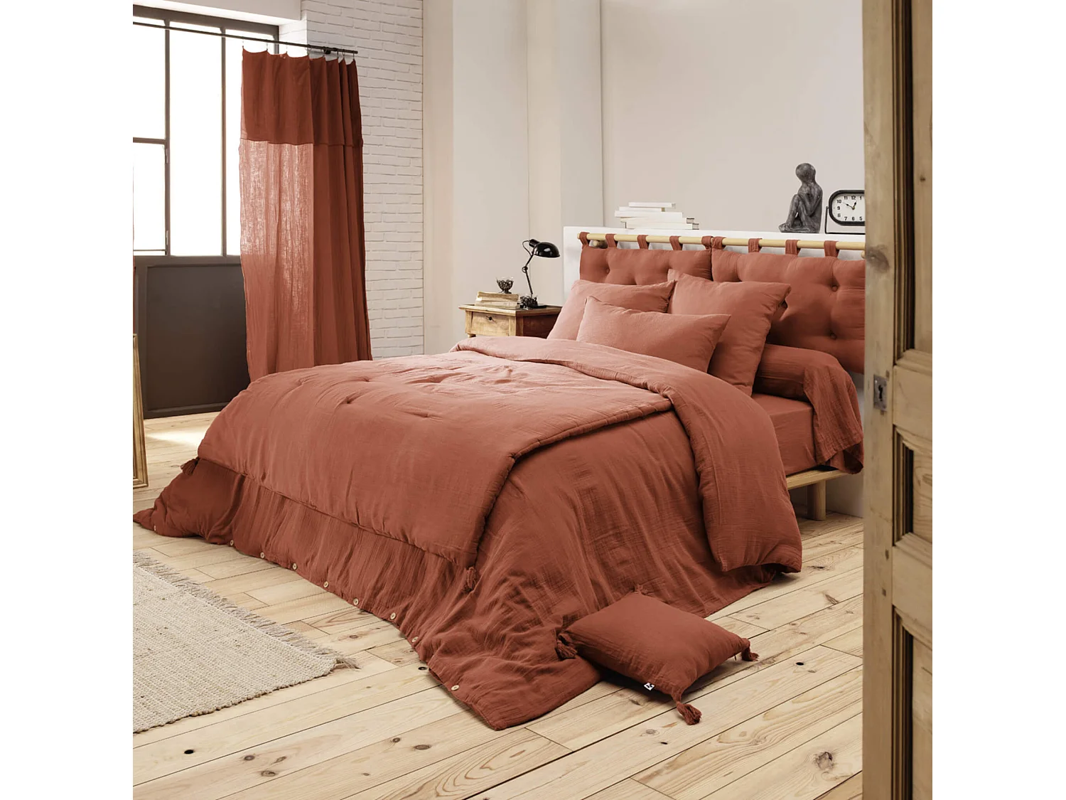 Housse de couette double gaze de coton orange terracotta 260x240 cm