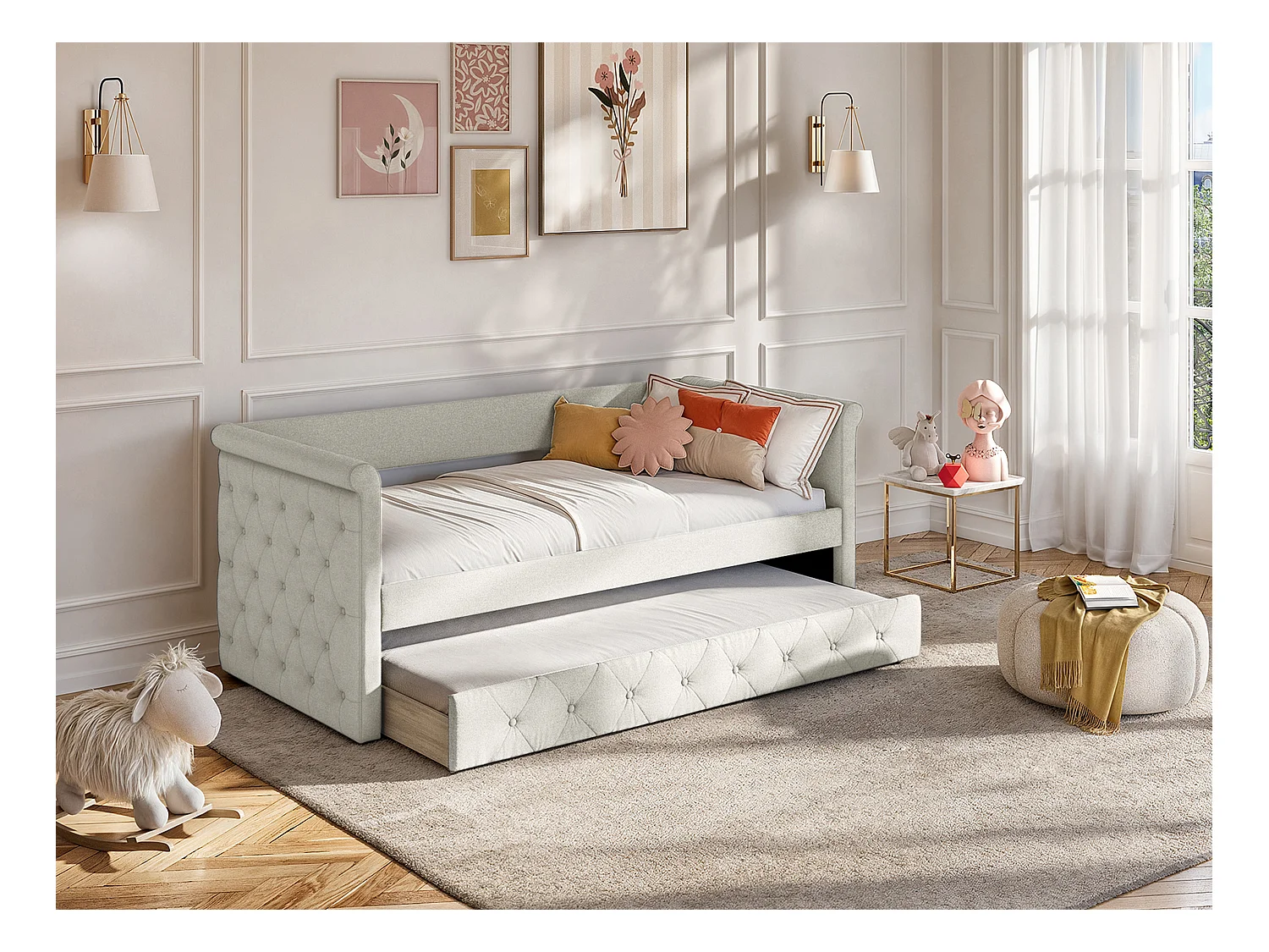 Cama banco dupla estofada 2 x 90 x 190 cm, tecido bege + colchão - LOUISE