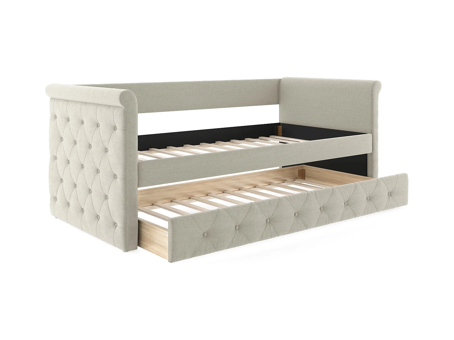 Cama banco dupla estofada 2 x 90 x 190 cm, tecido bege + colchão - LOUISE