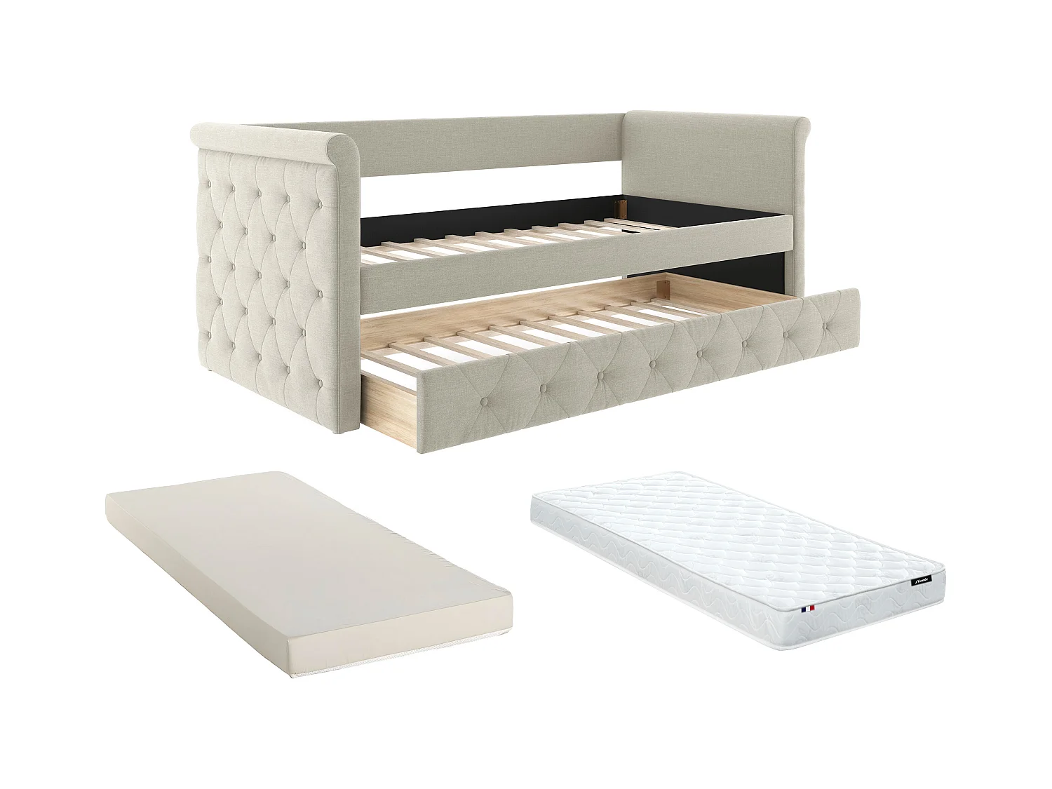 Cama banco dupla estofada 2 x 90 x 190 cm, tecido bege + colchão - LOUISE